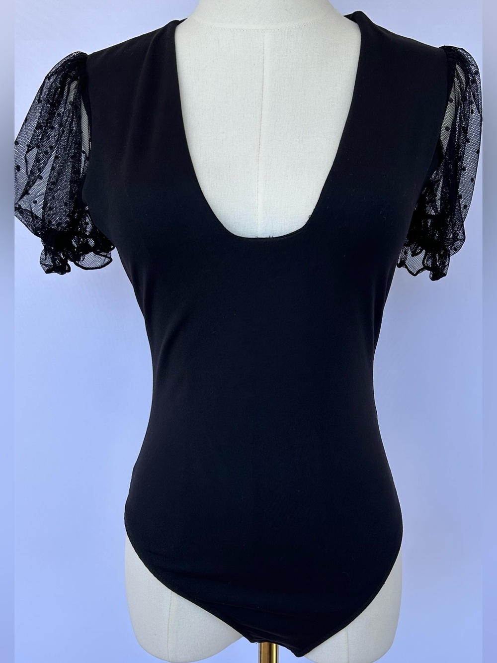 Intimately Free People Women’s Black Stretch Bodysuit Tulle Puff Sleeve Small